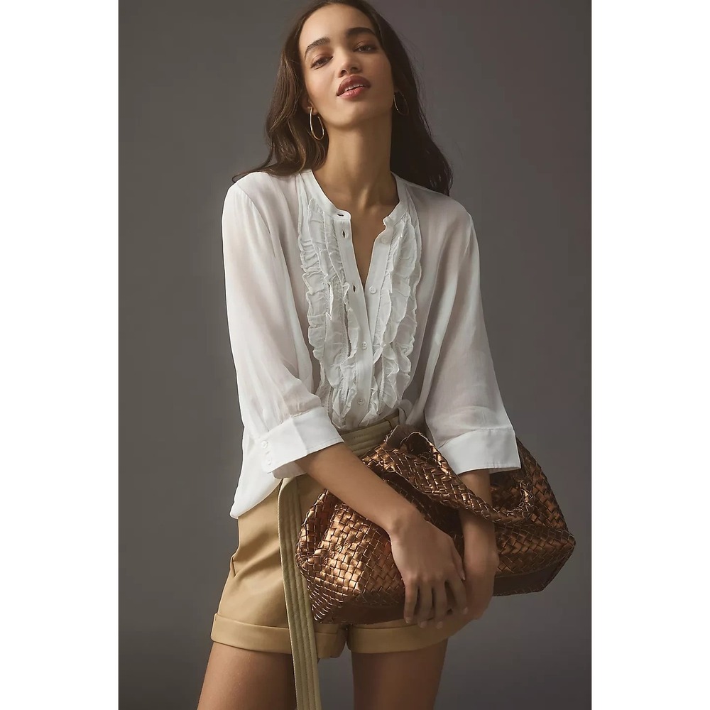 New Maeve Anthropologie Lightweight Ruffle Front Mao Shirt Sheer Button White XS - Picture 7 of 16